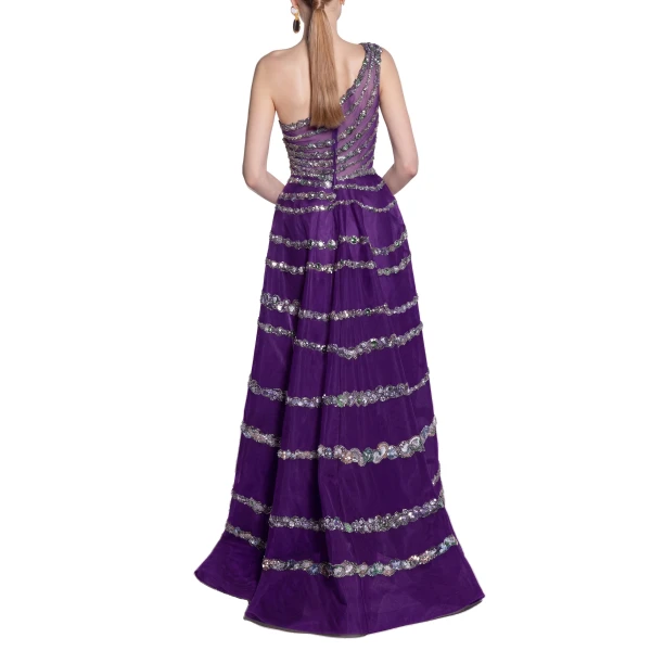 Saiid Kobeisy One Shoulder Asymmetric Beaded Dress in Green with Multicolour beading, view 3