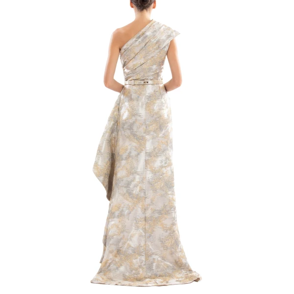 Saiid Kobeisy One-Shoulder Brocade Dress in Grey and Yellow Pear, view 3