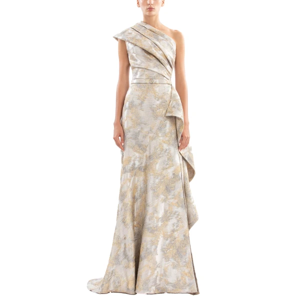 One-Shoulder Brocade Dress in Grey and Yellow Pear