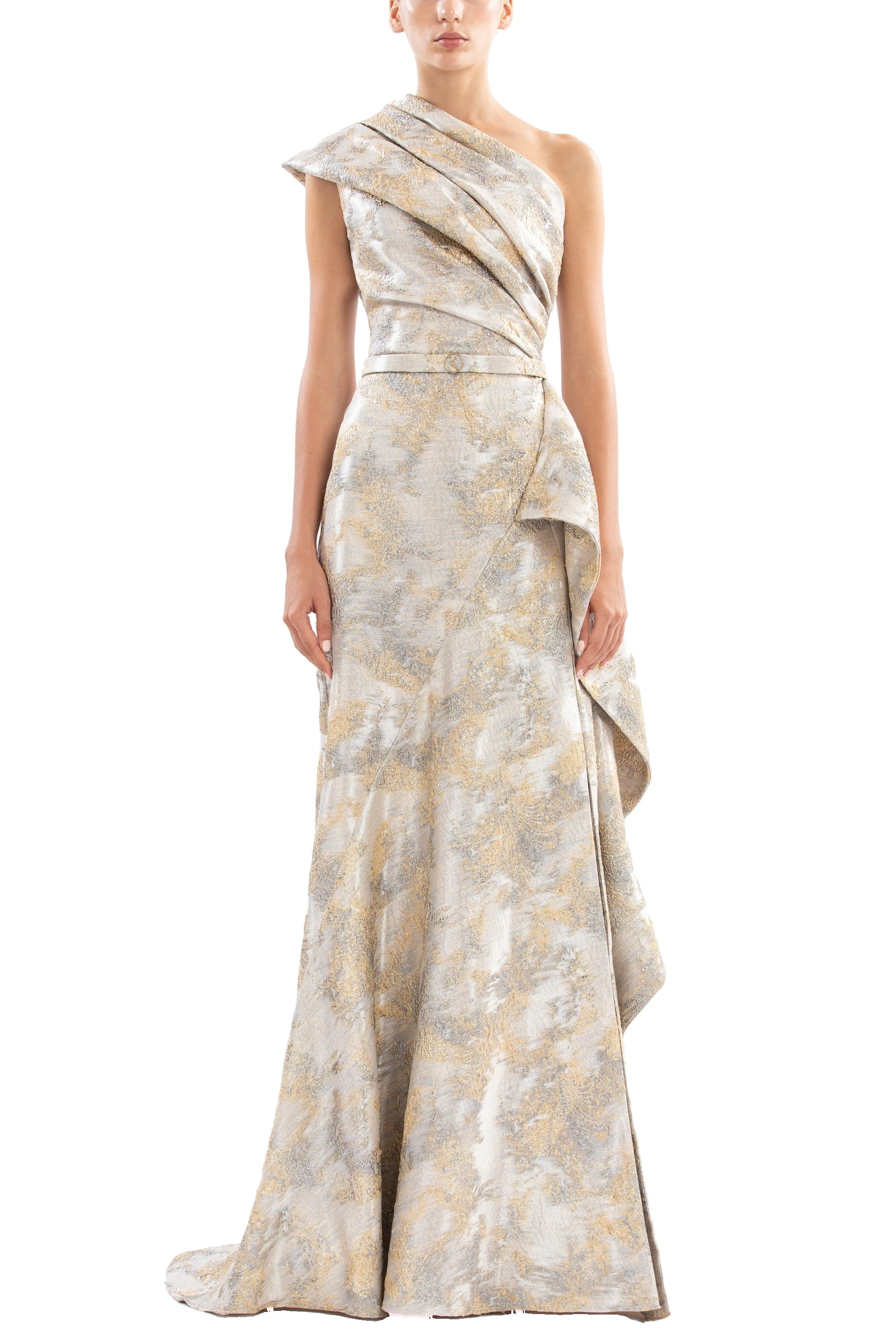 Saiid Kobeisy One-Shoulder Brocade Dress in Grey and Yellow Pear | Dresses | Luxury Shoes Saiid Kobeisy One-Shoulder Brocade Dress in Grey and Yellow Pear