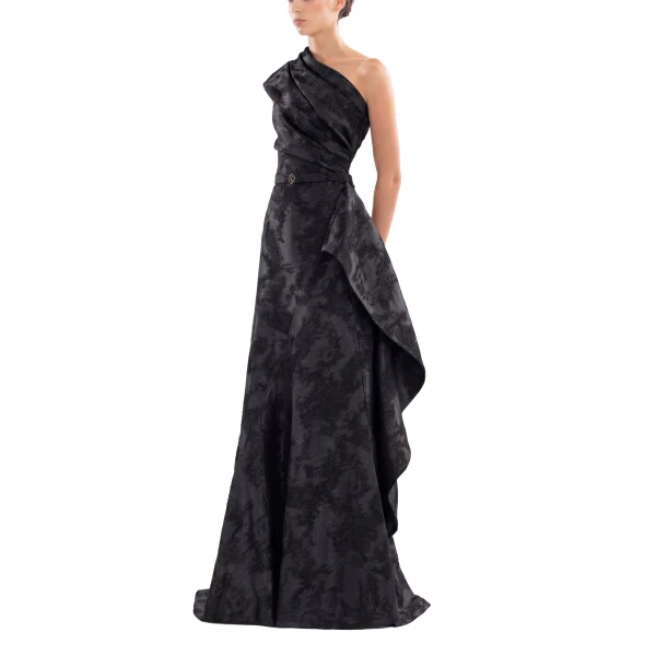 Saiid Kobeisy One-Shoulder Brocade Dress in Jet Black, view 4
