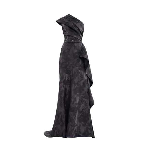 One-Shoulder Brocade Dress in Jet Black