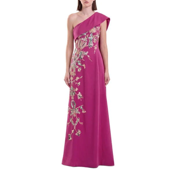 Saiid Kobeisy One Shoulder Embroidered Crepe Dress in Cactus Flower, view 2