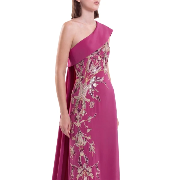 Saiid Kobeisy One Shoulder Embroidered Crepe Dress in Cactus Flower, view 3