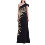 Saiid Kobeisy One Shoulder Embroidered Crepe Dress in Jet Black