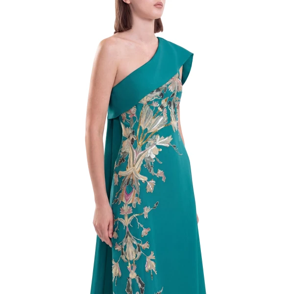 Saiid Kobeisy One Shoulder Embroidered Crepe Dress in North Sea, view 3