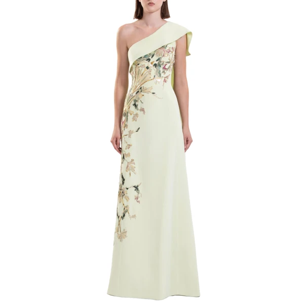Saiid Kobeisy One Shoulder Embroidered Crepe Dress in Reed, view 2