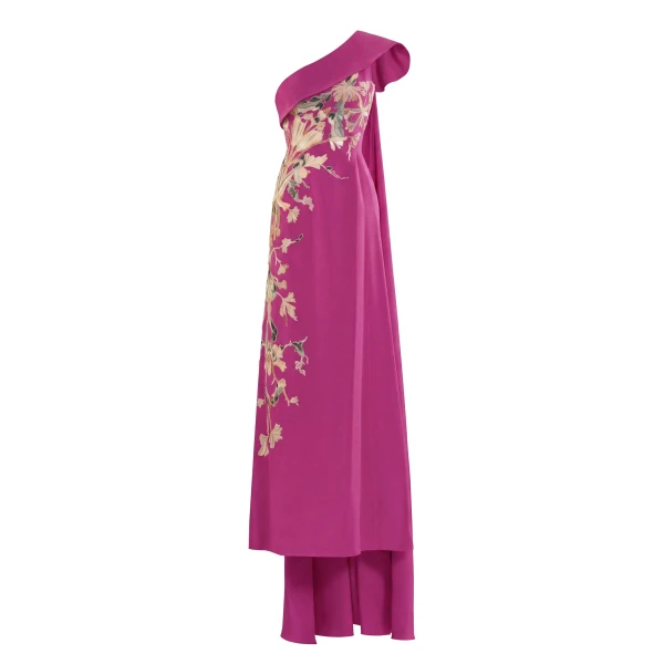 One Shoulder Embroidered Crepe Dress in Reed