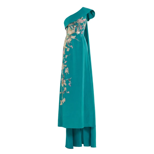 One Shoulder Embroidered Crepe Dress in Salsa Rosa