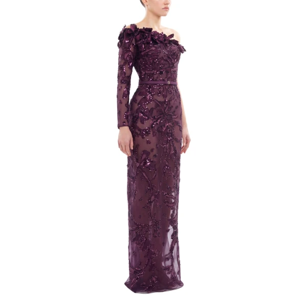 Saiid Kobeisy One-Shoulder Embroidered Tulle Dress in Italian Plum, view 3