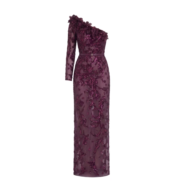Saiid Kobeisy One-Shoulder Embroidered Tulle Dress in Italian Plum