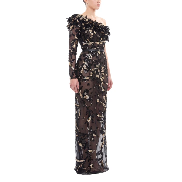 Saiid Kobeisy One-Shoulder Embroidered Tulle Dress in Jet Black, view 3