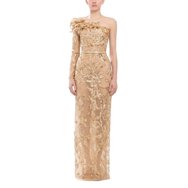 Saiid Kobeisy One-Shoulder Embroidered Tulle Dress in Light Gold, view 2