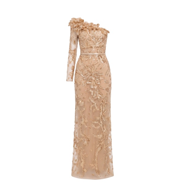 Saiid Kobeisy One-Shoulder Embroidered Tulle Dress in Light Gold