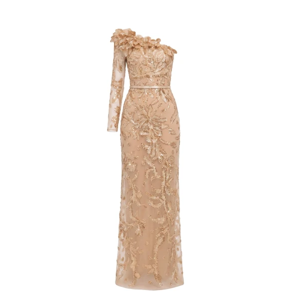 One-Shoulder Embroidered Tulle Dress in Light Gold
