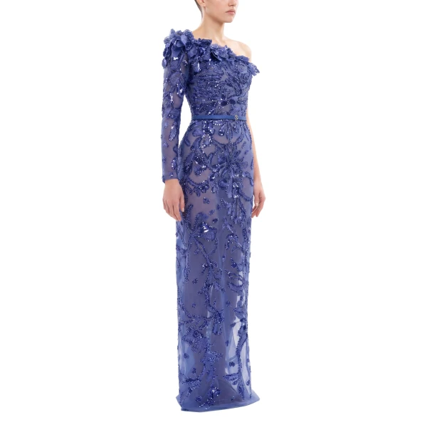 Saiid Kobeisy One-Shoulder Embroidered Tulle Dress in Marlin, view 3