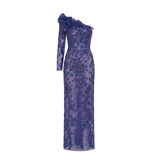 One-Shoulder Embroidered Tulle Dress in Marlin