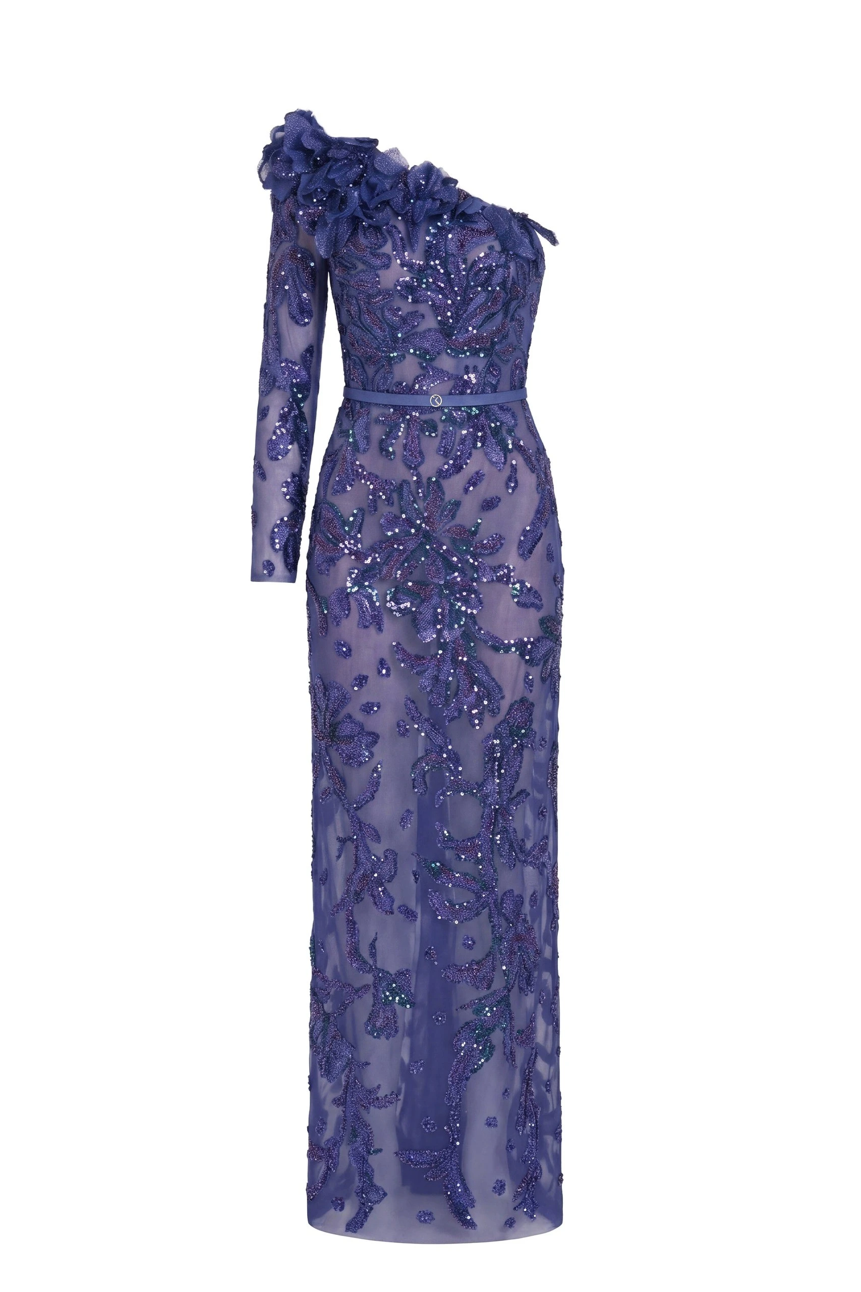 Saiid Kobeisy One-Shoulder Embroidered Tulle Dress in Marlin | Dresses | Luxury Shoes Saiid Kobeisy One-Shoulder Embroidered Tulle Dress in Marlin