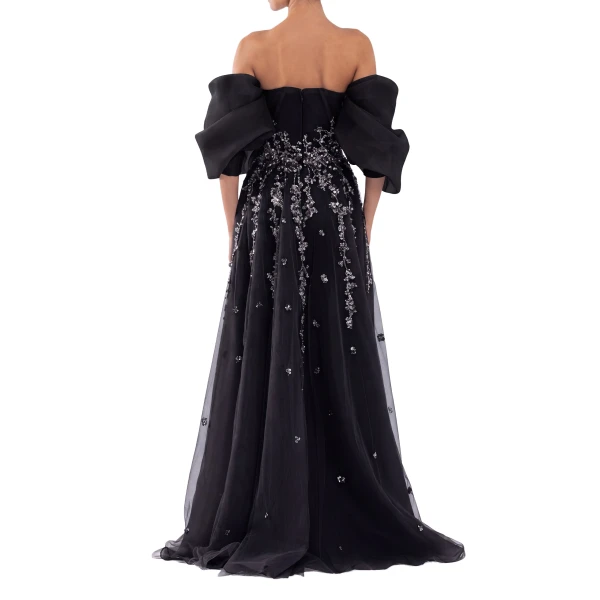 Saiid Kobeisy Organza Dress with Dotted Beading and Pleated Off-Shoulder Sleeves in Jet Black, view 3