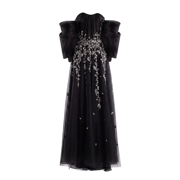 Saiid Kobeisy Organza Dress with Dotted Beading and Pleated Off-Shoulder Sleeves in Jet Black