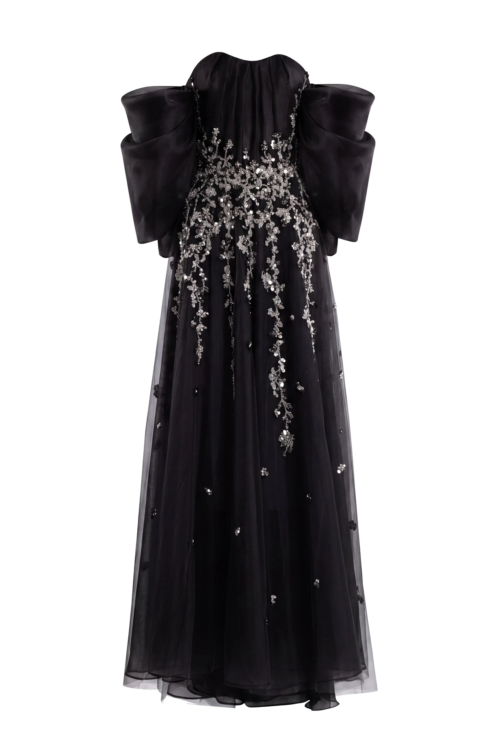 Saiid Kobeisy Organza Dress with Dotted Beading and Pleated Off-Shoulder Sleeves in Jet Black | Dresses | Luxury Shoes Saiid Kobeisy Organza Dress with Dotted Beading and Pleated Off-Shoulder Sleeves in Jet Black