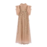 Saiid Kobeisy Organza Dress with Dotted Beading and Pleated Off-Shoulder Sleeves in Skin