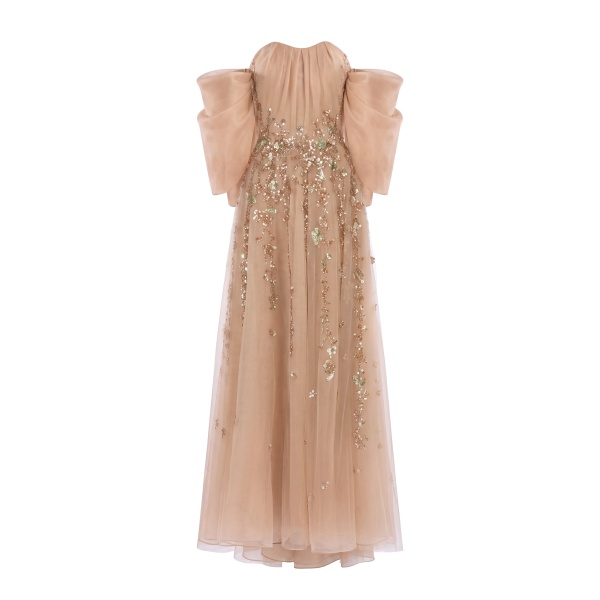 Saiid Kobeisy Organza Dress with Dotted Beading and Pleated Off-Shoulder Sleeves in Skin