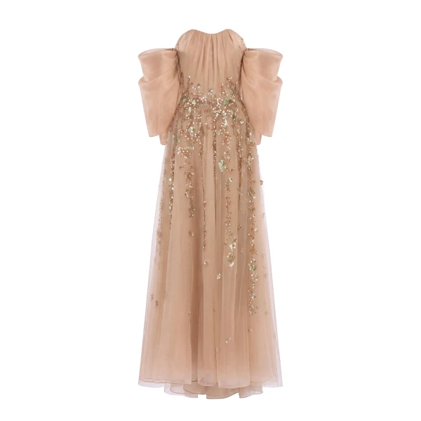 Saiid Kobeisy Organza Dress with Dotted Beading and Pleated Off-Shoulder Sleeves in Skin