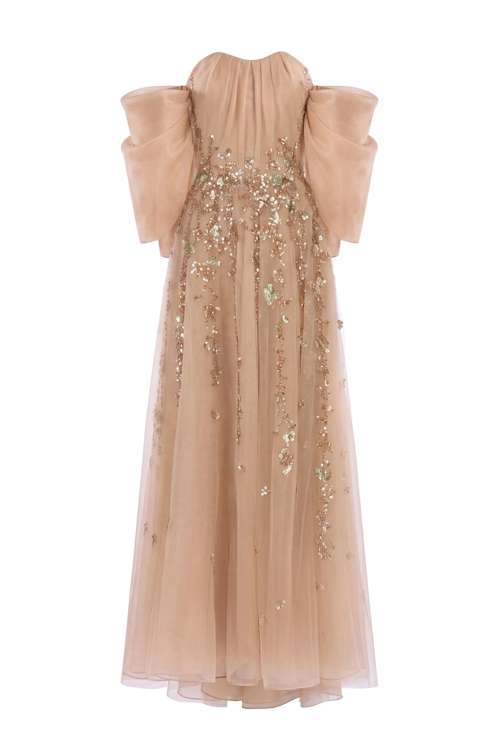 Saiid Kobeisy Organza Dress with Dotted Beading and Pleated Off-Shoulder Sleeves in Skin | Dresses | Luxury Shoes Saiid Kobeisy Organza Dress with Dotted Beading and Pleated Off-Shoulder Sleeves in Skin