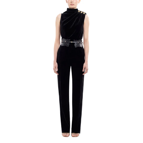 Saiid Kobeisy Pleated Top with Gold Buttoned Shoulder in Jet Black, view 2
