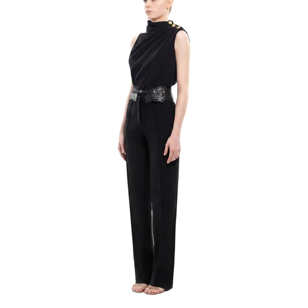 Saiid Kobeisy Pleated Top with Gold Buttoned Shoulder in Jet Black, view 3