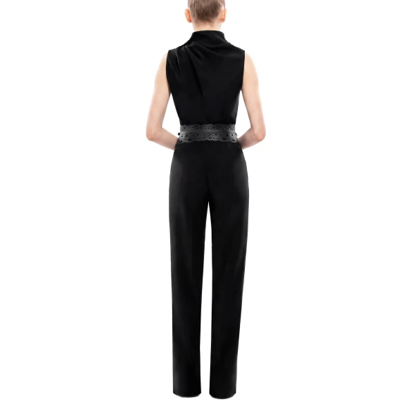 Saiid Kobeisy Pleated Top with Gold Buttoned Shoulder in Jet Black, view 4
