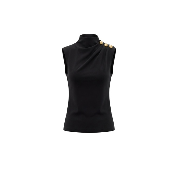 Saiid Kobeisy Pleated Top with Gold Buttoned Shoulder in Jet Black