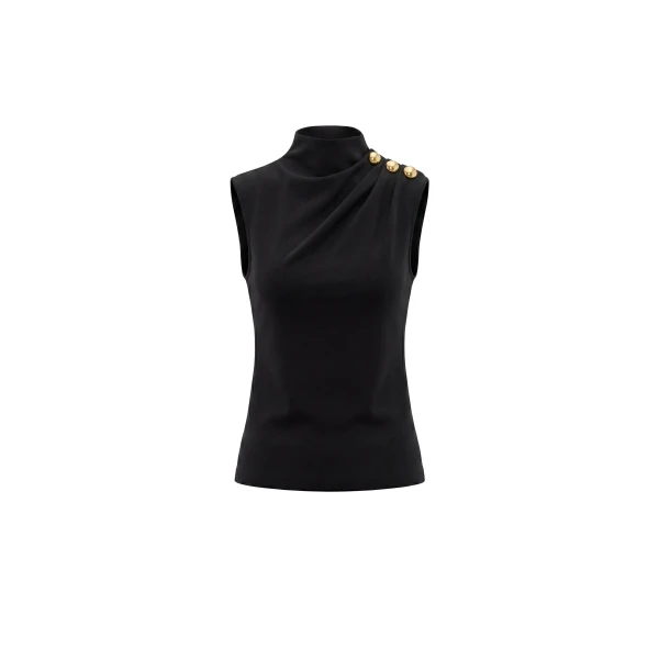 Saiid Kobeisy Pleated Top with Gold Buttoned Shoulder in Jet Black