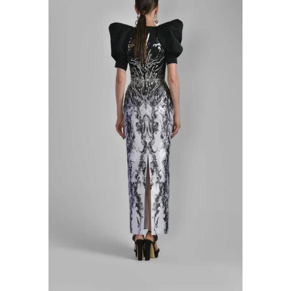 Saiid Kobeisy Printed Satin Fitted Dress with Beading in Misty Print, view 3