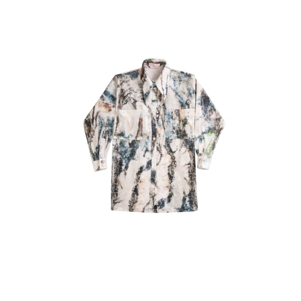 Saiid Kobeisy Printed Sequin Asymmetrical Shirt in Indigo Print, view 2