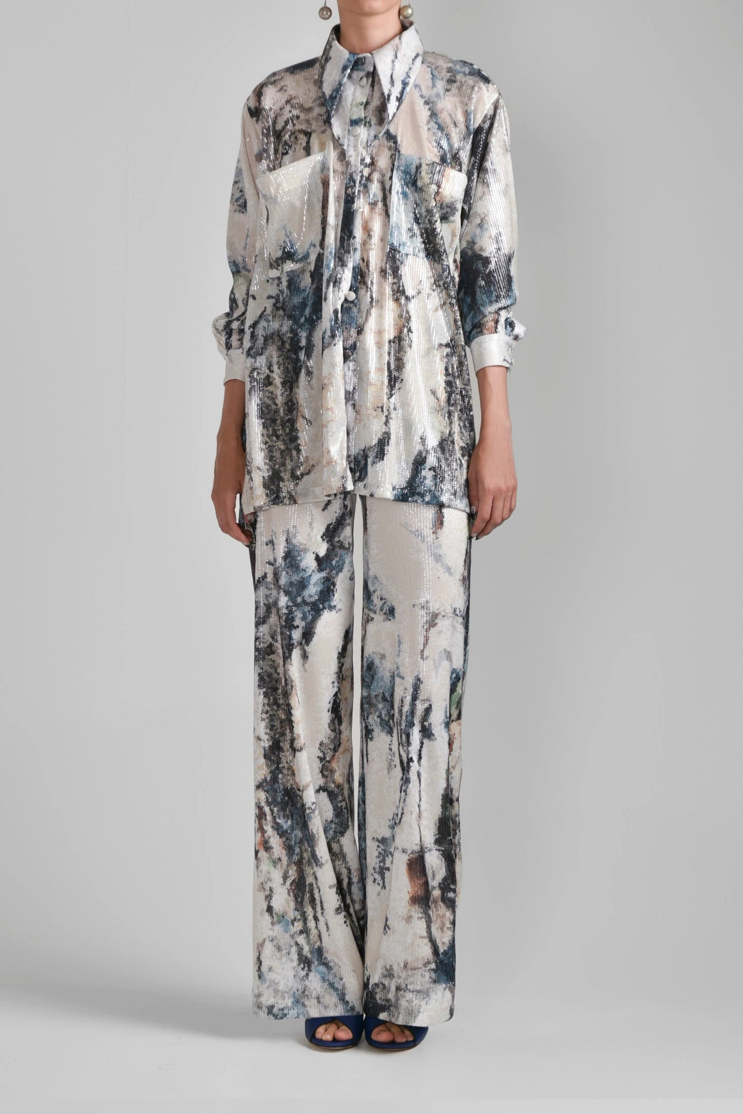 Saiid Kobeisy Printed Sequin Asymmetrical Shirt in Indigo Print | Tops | Luxury Shoes Saiid Kobeisy Printed Sequin Asymmetrical Shirt in Indigo Print