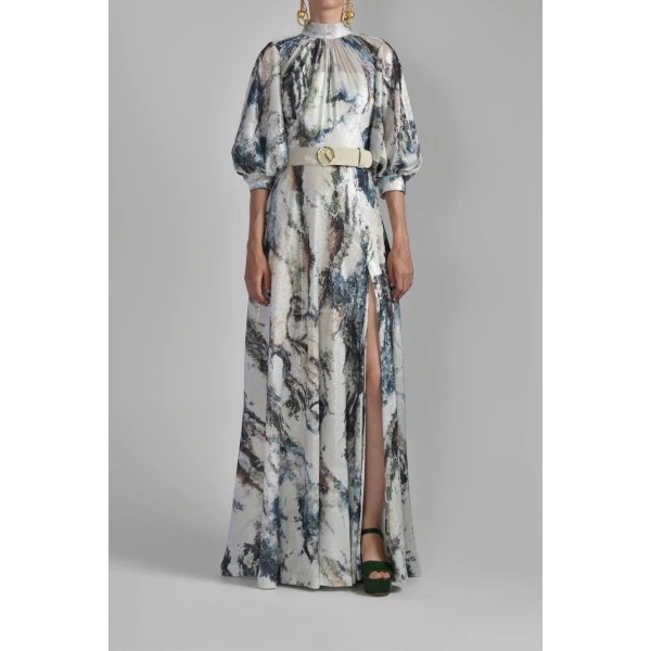 Saiid Kobeisy Printed Sequin Flared Dress in Indigo Print
