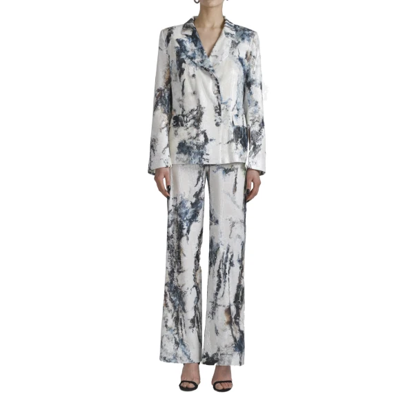 Saiid Kobeisy Printed Sequin Straigt Fit Pants in Indigo Print