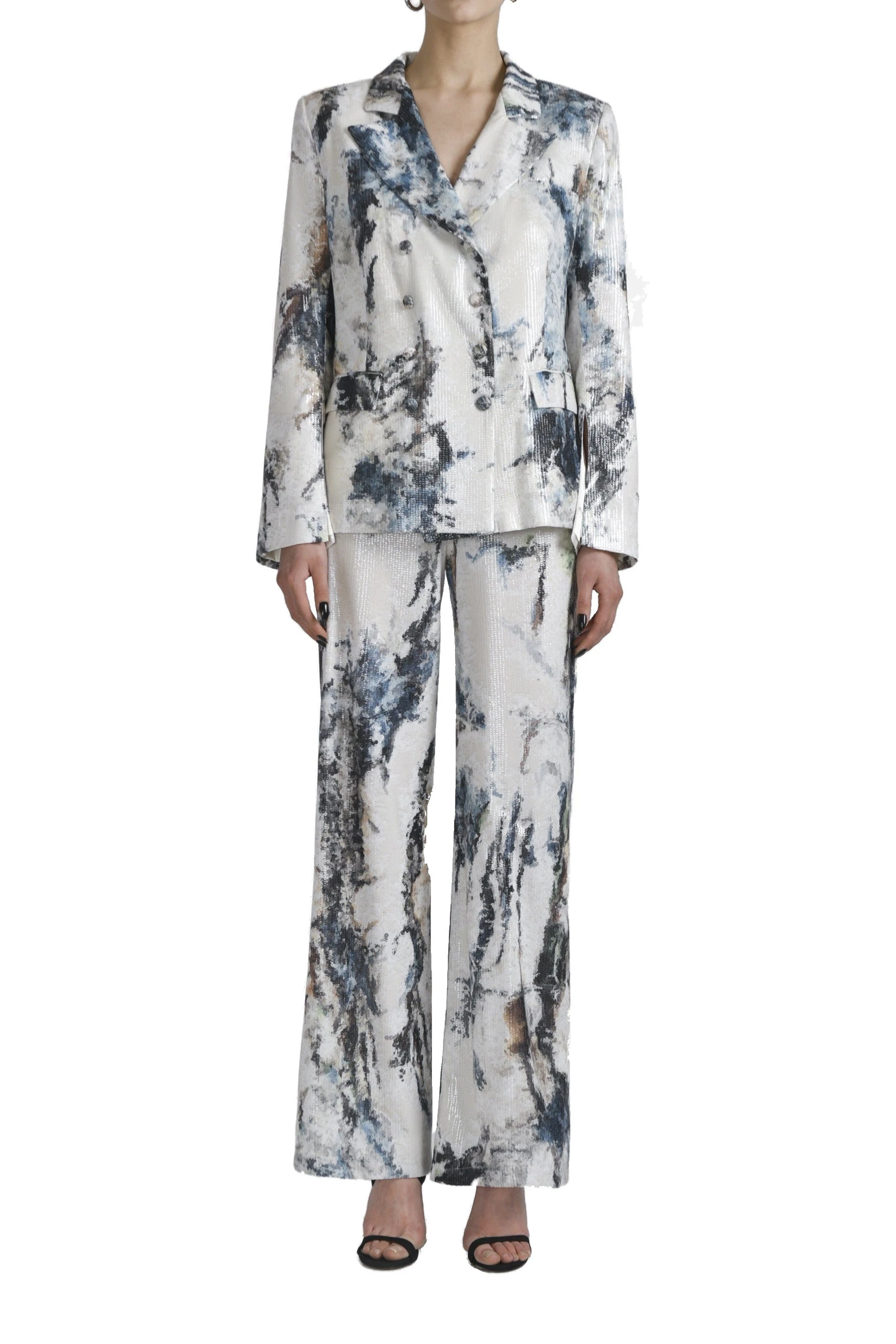 Saiid Kobeisy Printed Sequin Straigt Fit Pants in Indigo Print | Pants | Luxury Shoes Saiid Kobeisy Printed Sequin Straigt Fit Pants in Indigo Print