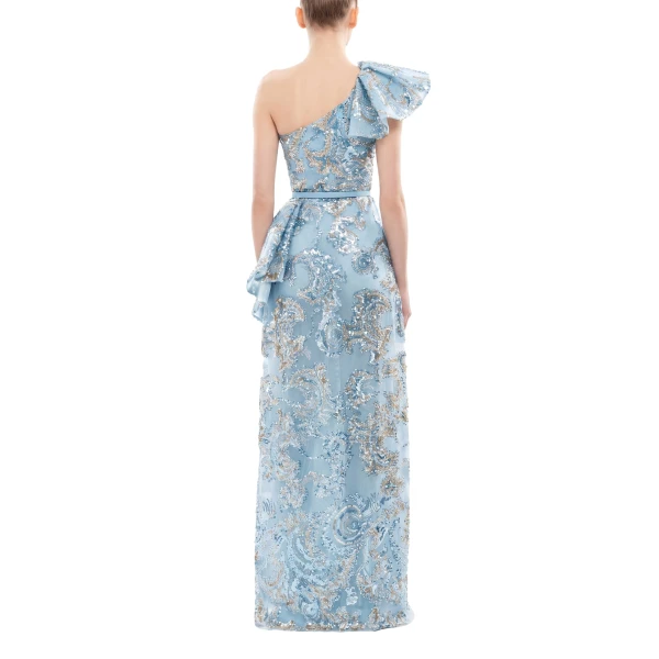 Saiid Kobeisy Ruffle Embroidered Long Dress in Ice Blue, view 4
