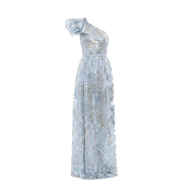 Ruffle Embroidered Long Dress in Ice Blue