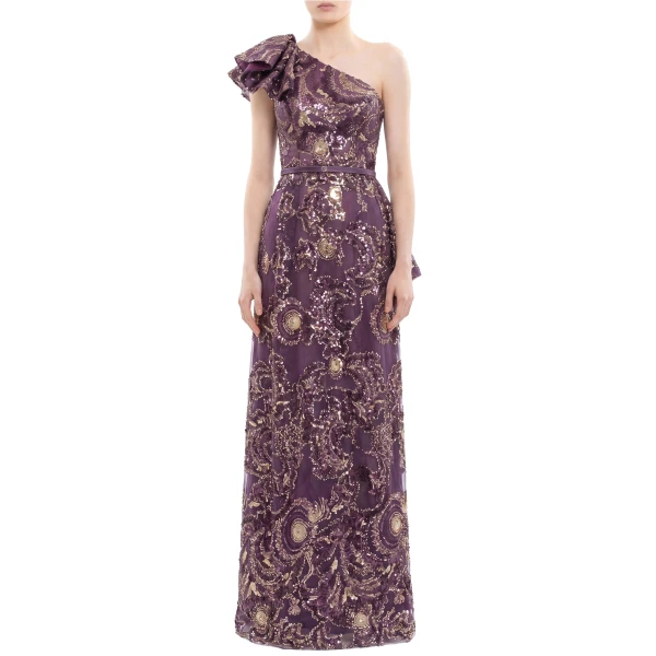 Saiid Kobeisy Ruffle Embroidered Long Dress in Italian Plum, view 2