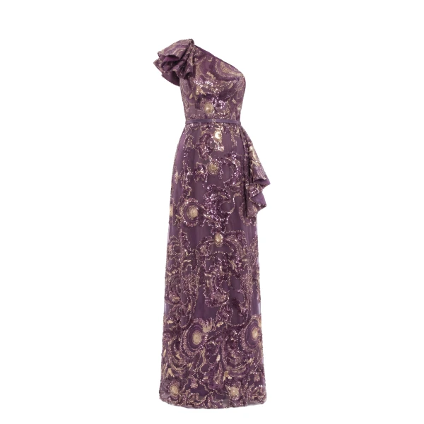 Ruffle Embroidered Long Dress in Italian Plum