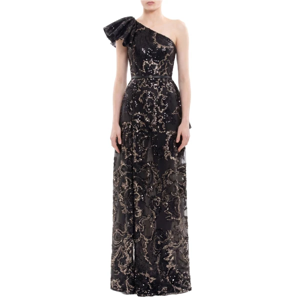 Saiid Kobeisy Ruffle Embroidered Long Dress in Jet Black, view 2