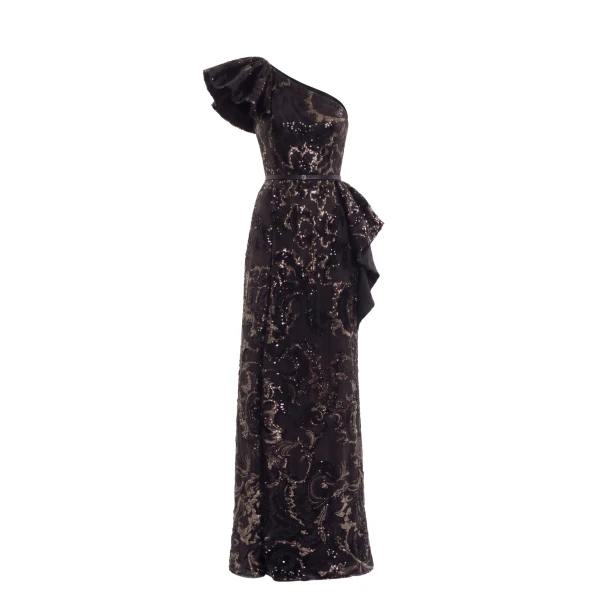 Ruffle Embroidered Long Dress in Jet Black