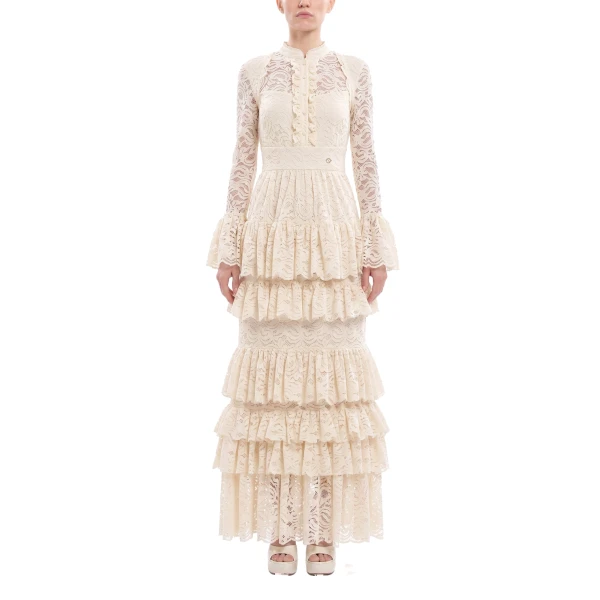 Saiid Kobeisy Ruffled Lace Long Dress in Ivory, view 2