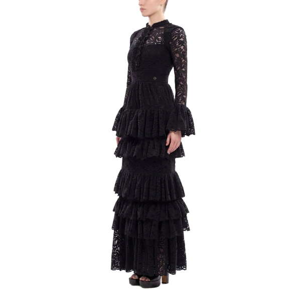 Saiid Kobeisy Ruffled Lace Long Dress in Jet Black, view 3