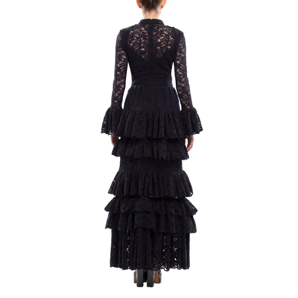 Saiid Kobeisy Ruffled Lace Long Dress in Jet Black, view 4