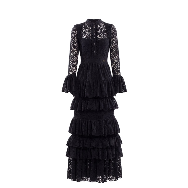 Saiid Kobeisy Ruffled Lace Long Dress in Jet Black